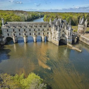 France, Centre-Val de Loire, Chenonceaux, Aerial view of Chateau de Chenonceau castle in summer